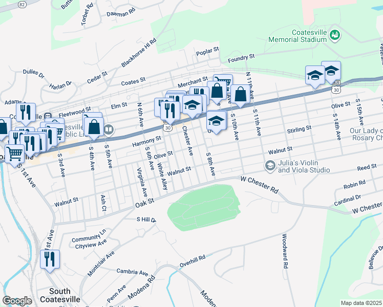 map of restaurants, bars, coffee shops, grocery stores, and more near 71 Chester Avenue in Coatesville