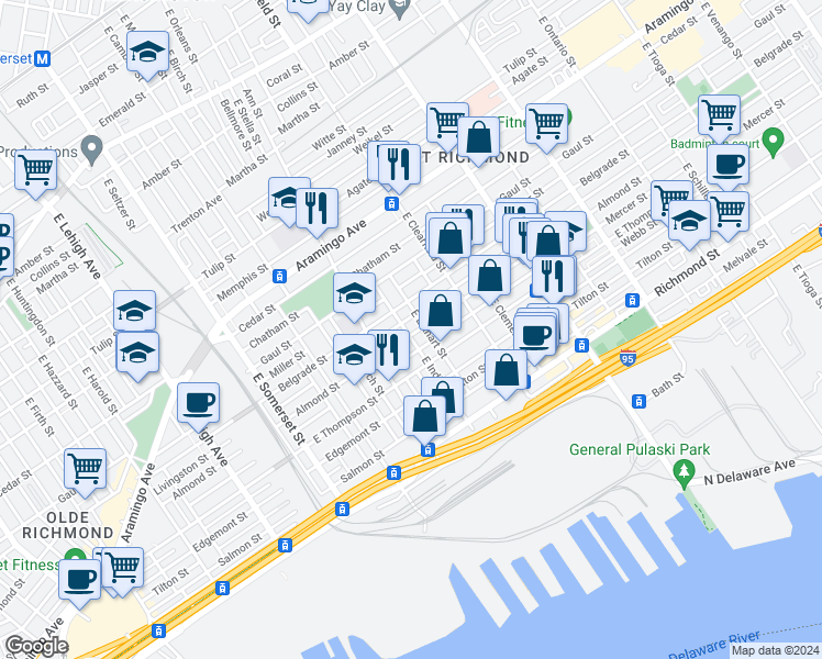 map of restaurants, bars, coffee shops, grocery stores, and more near 2561 East Indiana Avenue in Philadelphia