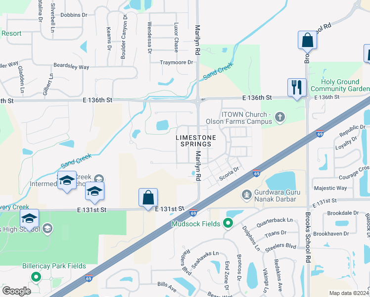 map of restaurants, bars, coffee shops, grocery stores, and more near 13364 Kimberlite Drive in Fishers