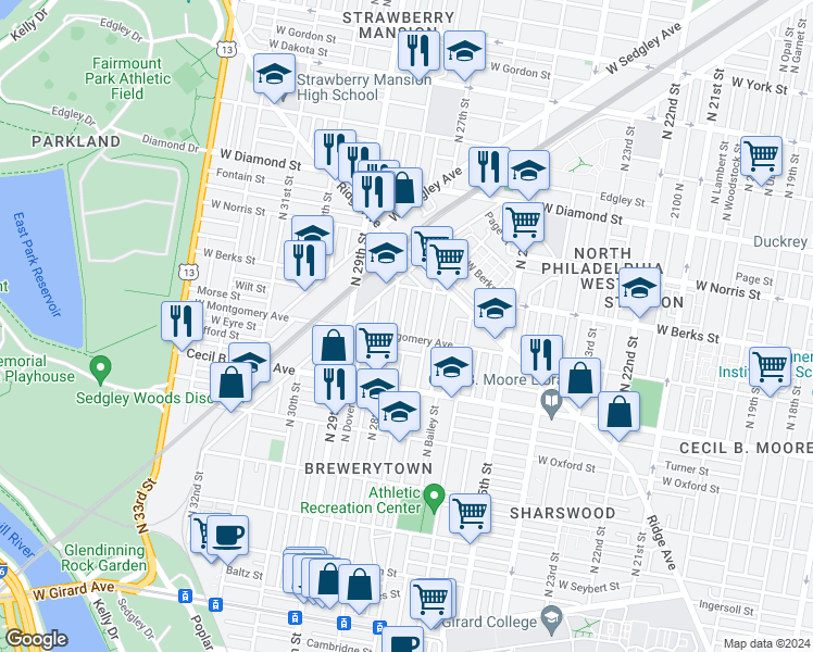map of restaurants, bars, coffee shops, grocery stores, and more near 1813 North Marston Street in Philadelphia