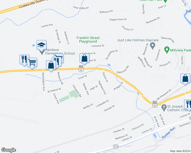 map of restaurants, bars, coffee shops, grocery stores, and more near 904 Front Street in Coatesville