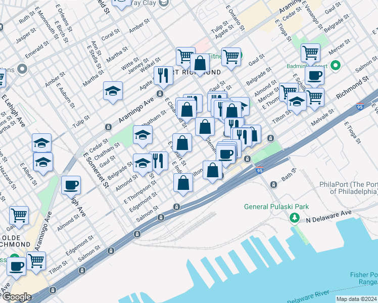 map of restaurants, bars, coffee shops, grocery stores, and more near 3051 Mercer Street in Philadelphia