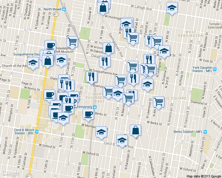 map of restaurants, bars, coffee shops, grocery stores, and more near 2063 N 8th St in Philadelphia