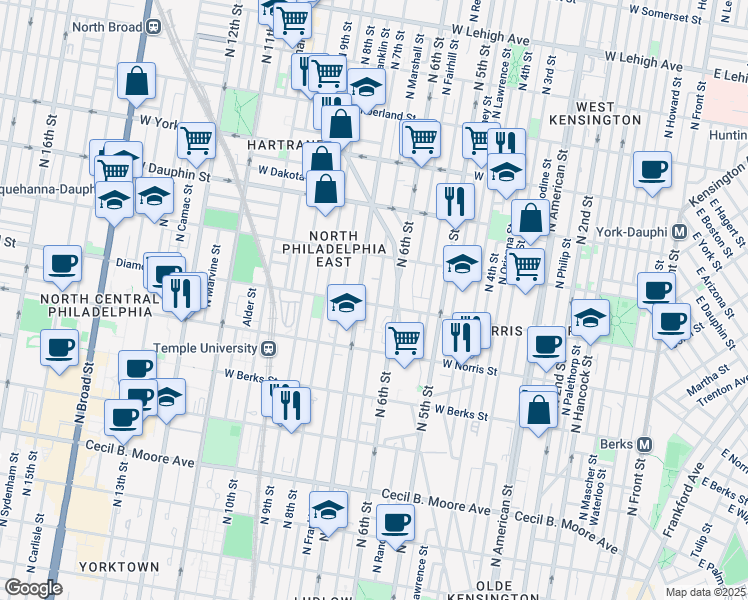 map of restaurants, bars, coffee shops, grocery stores, and more near 621 Diamond Street in Philadelphia
