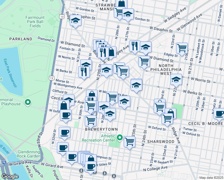 map of restaurants, bars, coffee shops, grocery stores, and more near 1813 North Marston Street in Philadelphia