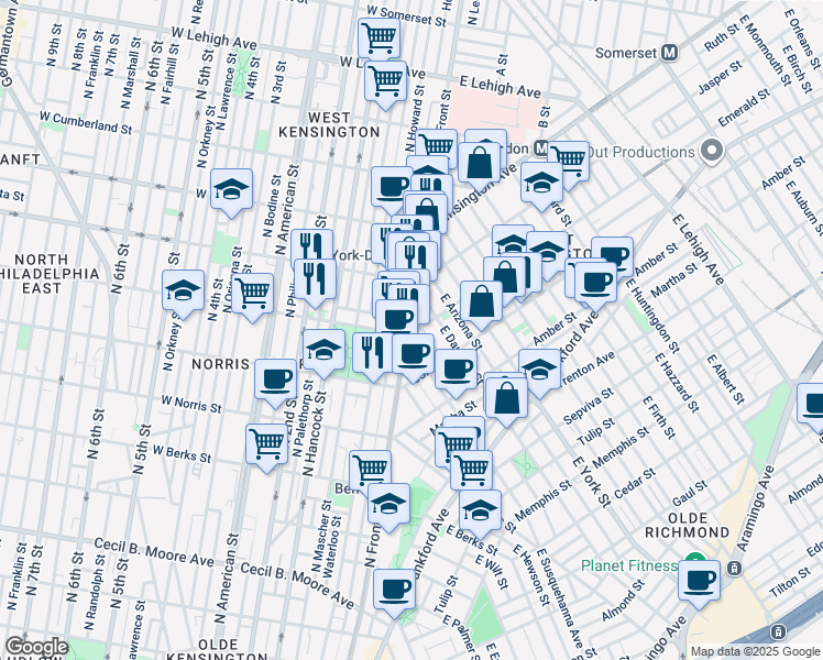 map of restaurants, bars, coffee shops, grocery stores, and more near 2201 North Front Street in Philadelphia
