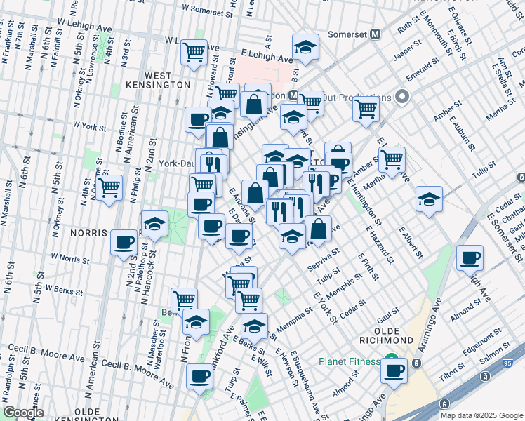 map of restaurants, bars, coffee shops, grocery stores, and more near 2033 East York Street in Philadelphia