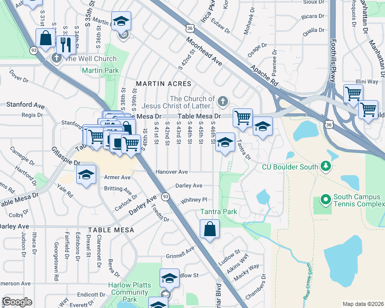 map of restaurants, bars, coffee shops, grocery stores, and more near 635 South 45th Street in Boulder