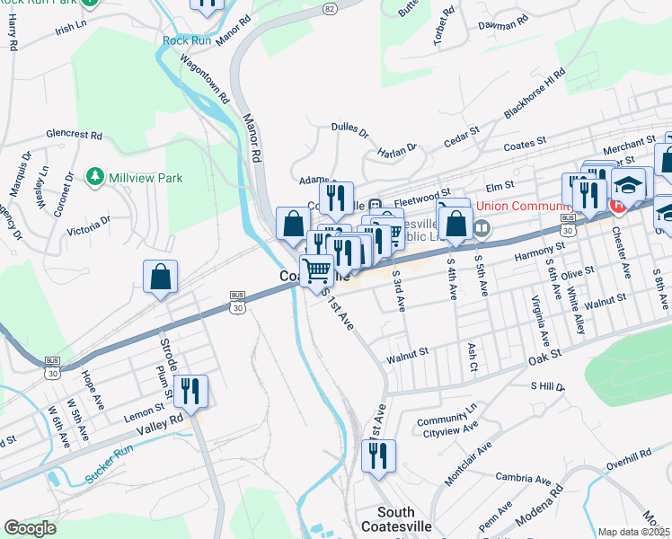 map of restaurants, bars, coffee shops, grocery stores, and more near 136 East Chestnut Street in Coatesville