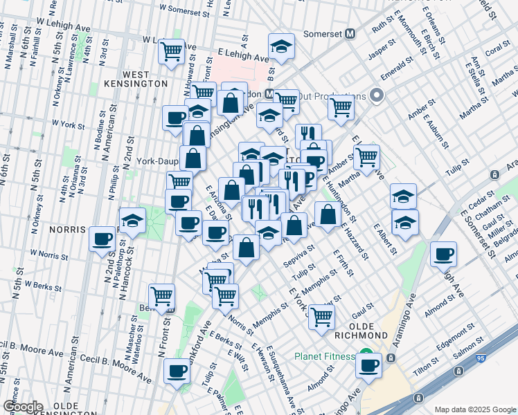 map of restaurants, bars, coffee shops, grocery stores, and more near 2042 East Hagert Street in Philadelphia