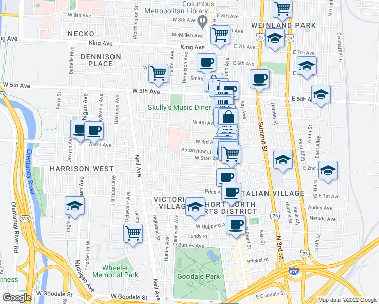 map of restaurants, bars, coffee shops, grocery stores, and more near 107 Aston Row Lane in Columbus