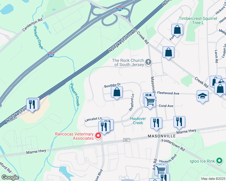 map of restaurants, bars, coffee shops, grocery stores, and more near 44 Boothby Drive in Mount Laurel Township