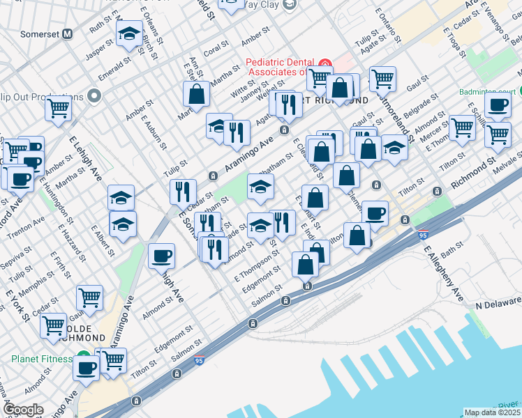 map of restaurants, bars, coffee shops, grocery stores, and more near 2957 Gaul Street in Philadelphia