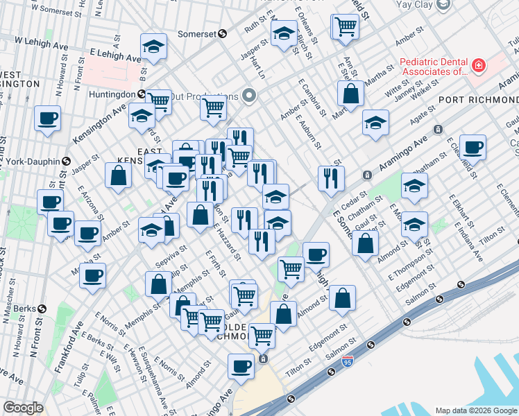 map of restaurants, bars, coffee shops, grocery stores, and more near 2186 East Lehigh Avenue in Philadelphia