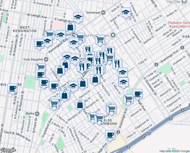 map of restaurants, bars, coffee shops, grocery stores, and more near 2134 East Hazzard Street in Philadelphia