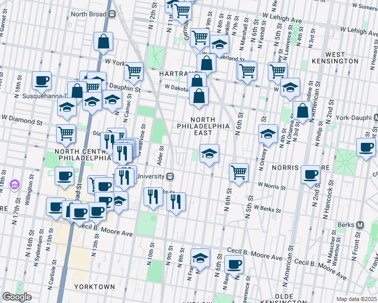 map of restaurants, bars, coffee shops, grocery stores, and more near 2107 North Percy Street in Philadelphia