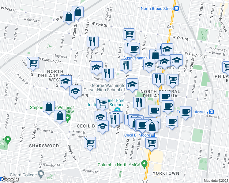 map of restaurants, bars, coffee shops, grocery stores, and more near in Philadelphia