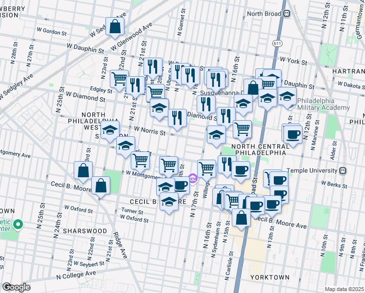 map of restaurants, bars, coffee shops, grocery stores, and more near in Philadelphia