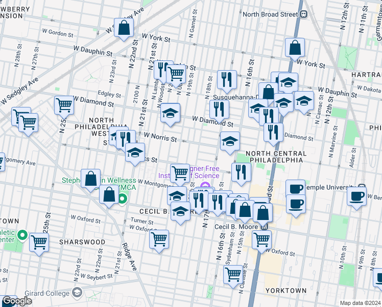 map of restaurants, bars, coffee shops, grocery stores, and more near in Philadelphia