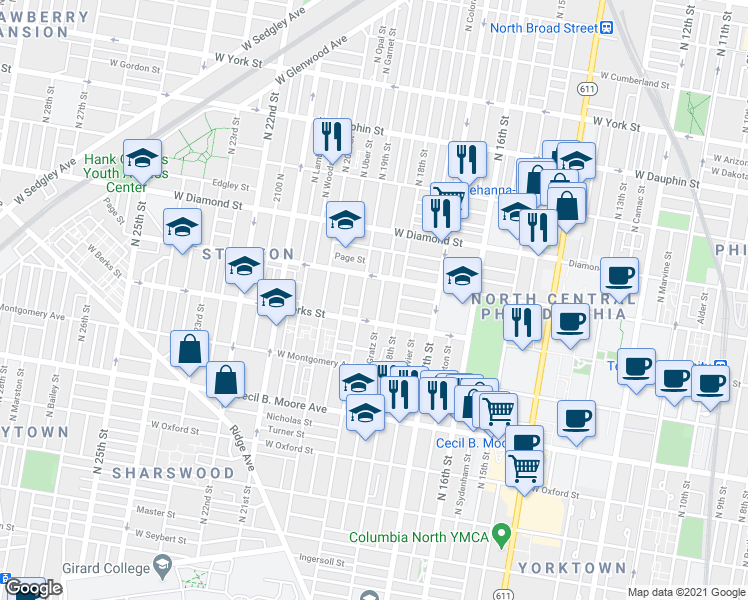 map of restaurants, bars, coffee shops, grocery stores, and more near 1900 West Norris Street in Philadelphia