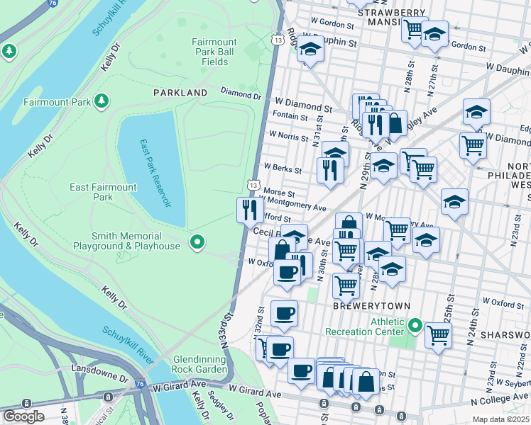 map of restaurants, bars, coffee shops, grocery stores, and more near in Philadelphia