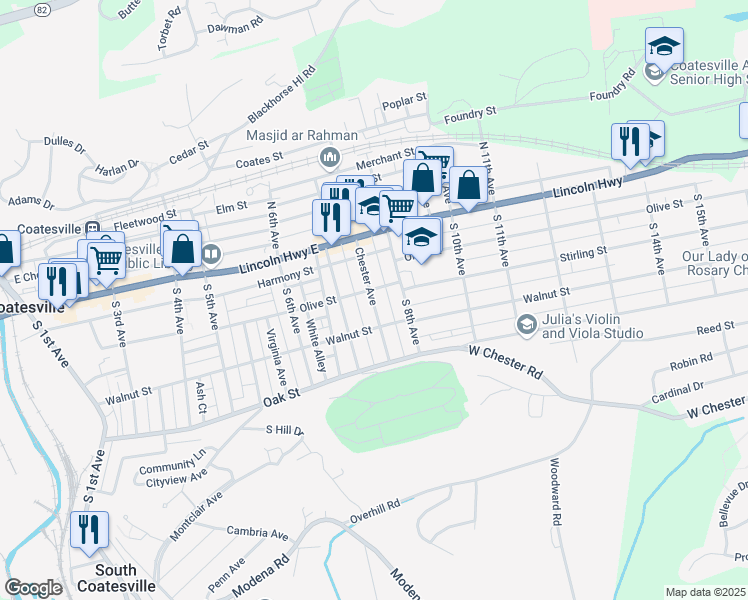 map of restaurants, bars, coffee shops, grocery stores, and more near in Coatesville