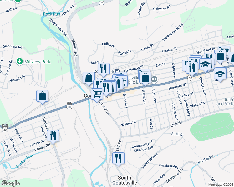 map of restaurants, bars, coffee shops, grocery stores, and more near in Coatesville