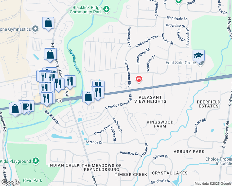 map of restaurants, bars, coffee shops, grocery stores, and more near 7310 East Broad Street in Blacklick