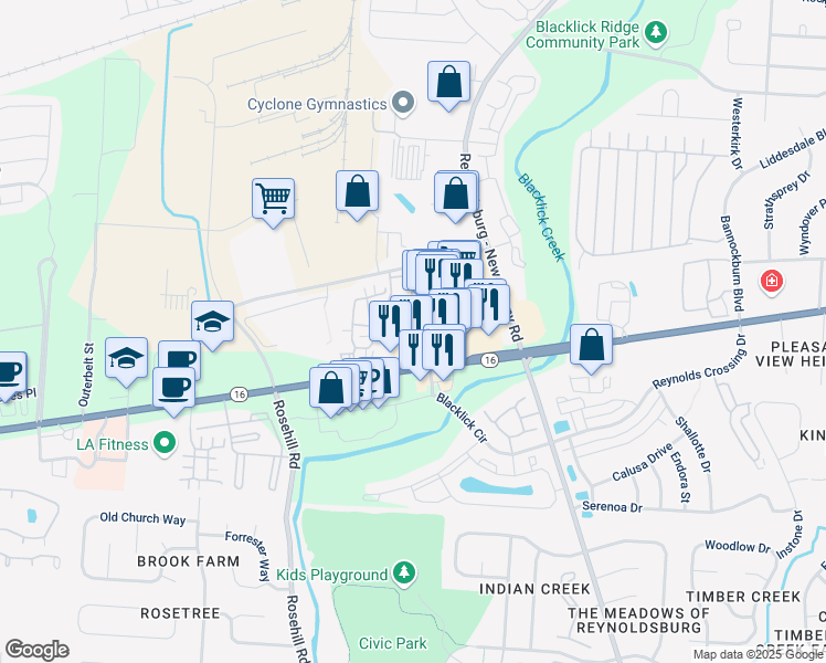 map of restaurants, bars, coffee shops, grocery stores, and more near 6916 East Broad Street in Columbus
