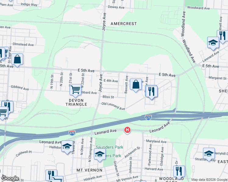 map of restaurants, bars, coffee shops, grocery stores, and more near 1466 Gibbard Avenue in Columbus