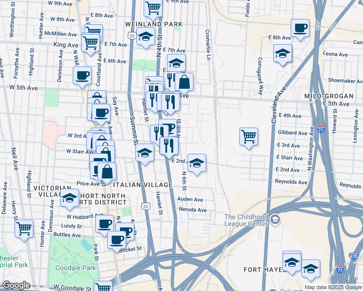 map of restaurants, bars, coffee shops, grocery stores, and more near 244 East 3rd Avenue in Columbus