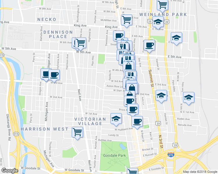 map of restaurants, bars, coffee shops, grocery stores, and more near 1087 Dennison Avenue in Columbus