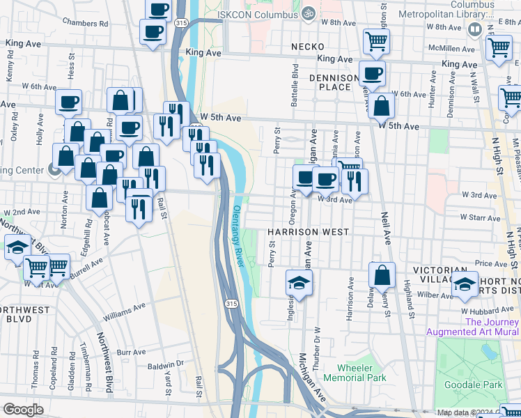 map of restaurants, bars, coffee shops, grocery stores, and more near 571 West 3rd Avenue in Columbus