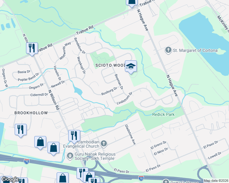 map of restaurants, bars, coffee shops, grocery stores, and more near 3446 Rosburg Drive in Columbus