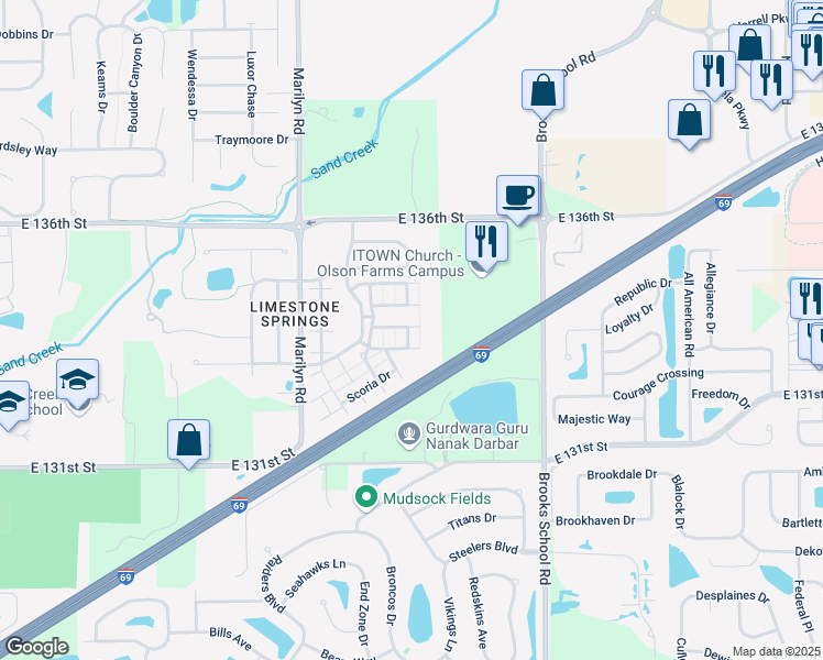 map of restaurants, bars, coffee shops, grocery stores, and more near 12245 Adobe Drive in Fishers