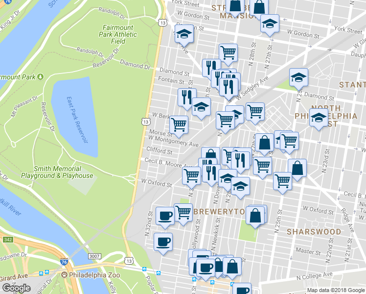 map of restaurants, bars, coffee shops, grocery stores, and more near 1751 North 31st Street in Philadelphia