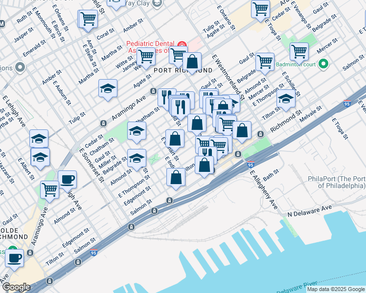 map of restaurants, bars, coffee shops, grocery stores, and more near 3055 Mercer Street in Philadelphia