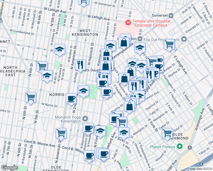 map of restaurants, bars, coffee shops, grocery stores, and more near 2201 North Front Street in Philadelphia