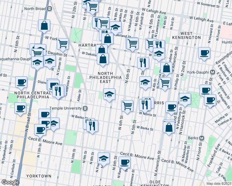map of restaurants, bars, coffee shops, grocery stores, and more near 631 Diamond Street in Philadelphia