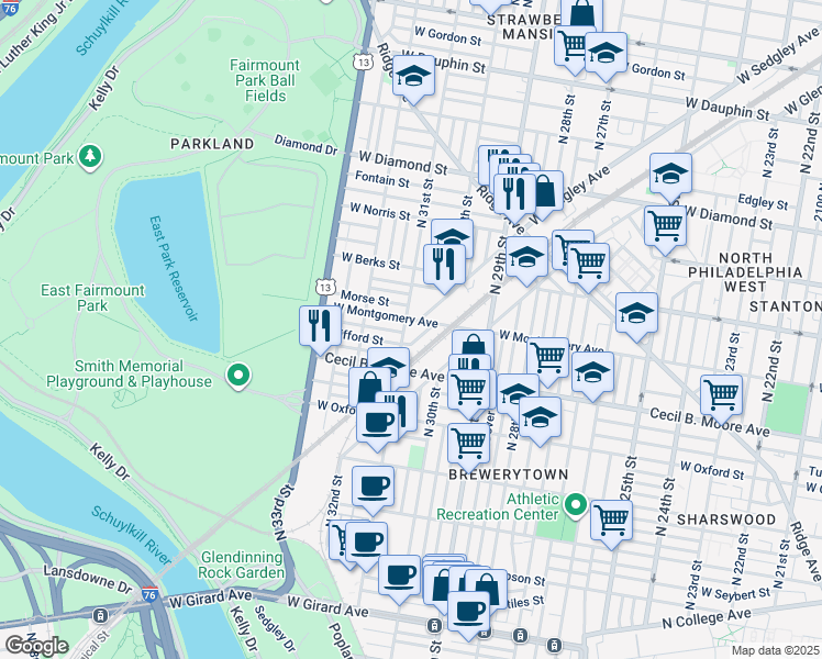 map of restaurants, bars, coffee shops, grocery stores, and more near 1751 North 31st Street in Philadelphia
