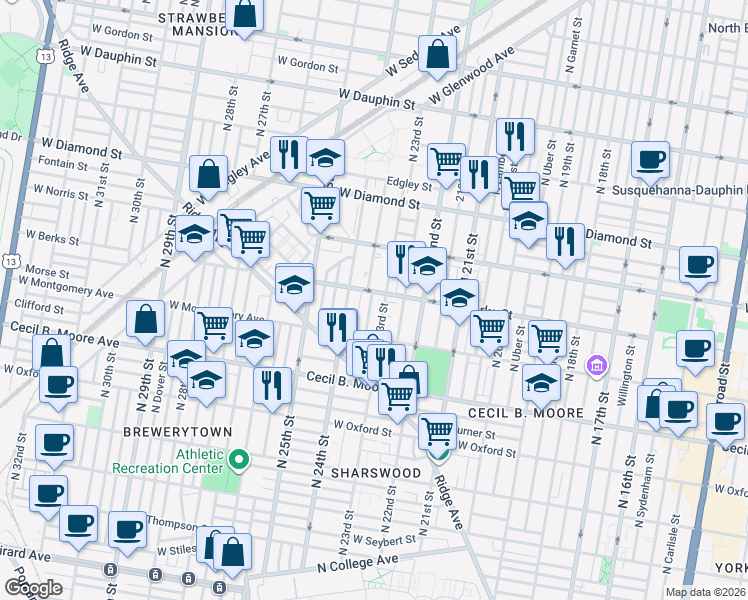 map of restaurants, bars, coffee shops, grocery stores, and more near 1911 Judson Street in Philadelphia