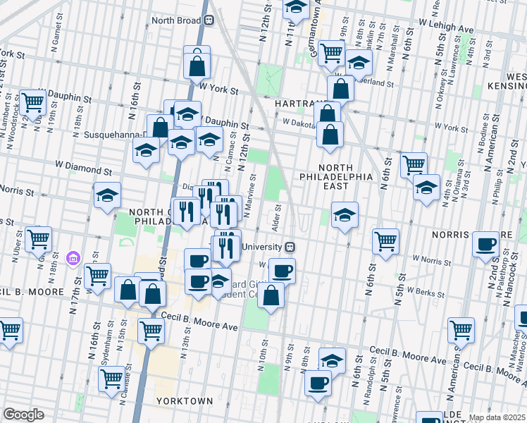 map of restaurants, bars, coffee shops, grocery stores, and more near 2013 North 11th Street in Philadelphia
