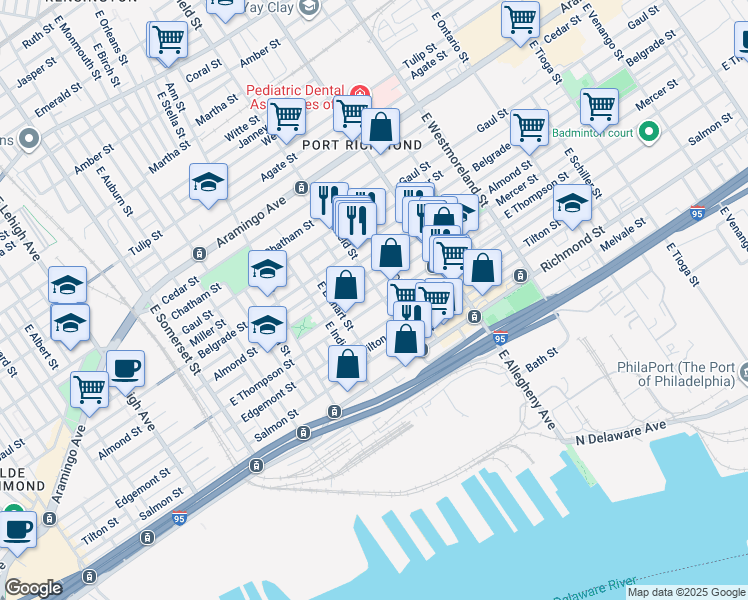 map of restaurants, bars, coffee shops, grocery stores, and more near 3070 East Thompson Street in Philadelphia