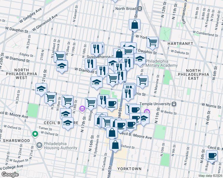 map of restaurants, bars, coffee shops, grocery stores, and more near N 15th St & W Norris St in Philadelphia