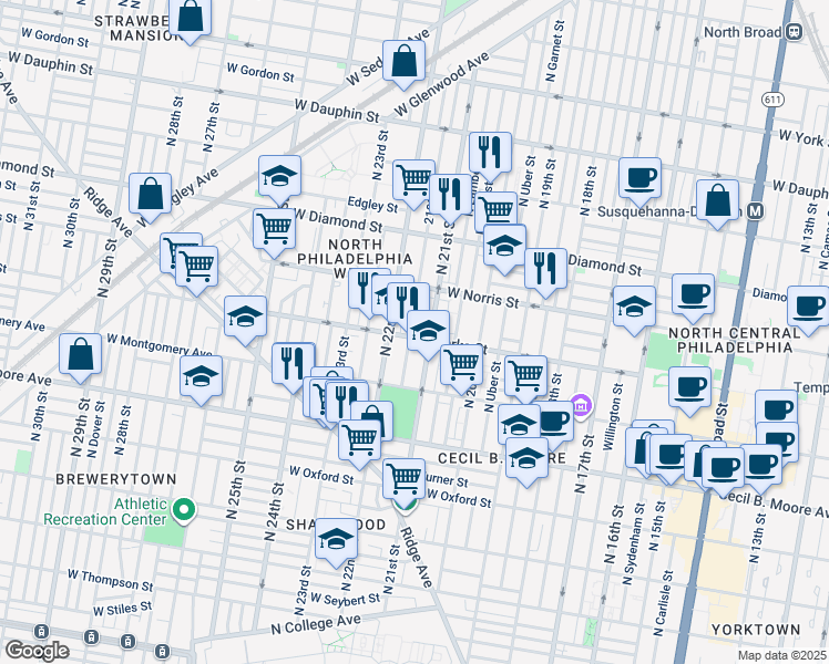 map of restaurants, bars, coffee shops, grocery stores, and more near 2119 West Berks Street in Philadelphia