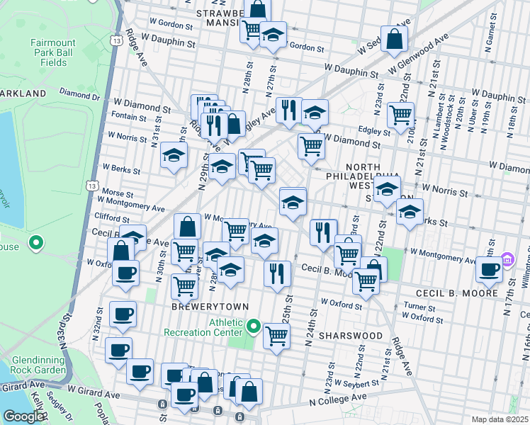 map of restaurants, bars, coffee shops, grocery stores, and more near 1828 North Bailey Street in Philadelphia