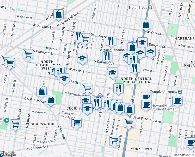 map of restaurants, bars, coffee shops, grocery stores, and more near 1935 North 18th Street in Philadelphia