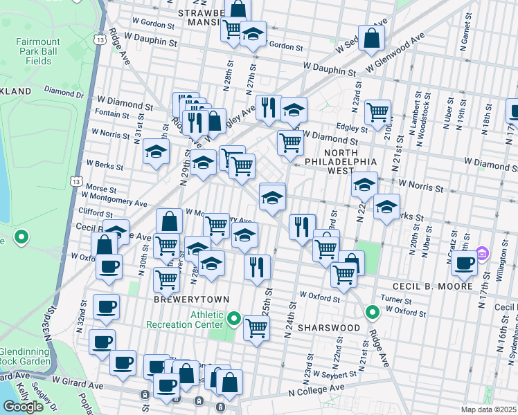 map of restaurants, bars, coffee shops, grocery stores, and more near 2552 Ridge Avenue in Philadelphia