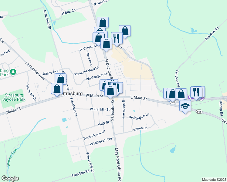 map of restaurants, bars, coffee shops, grocery stores, and more near 32 North Decatur Street in Strasburg