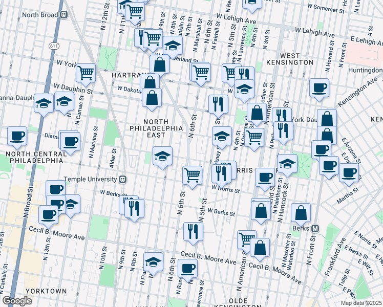 map of restaurants, bars, coffee shops, grocery stores, and more near 2133 Germantown Avenue in Philadelphia